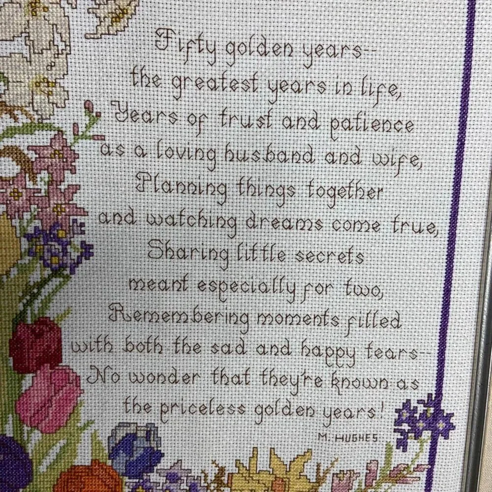 Vintage Fifty Golden Years Framed Floral Tulip Needlepoint Gift Signed Wall Art